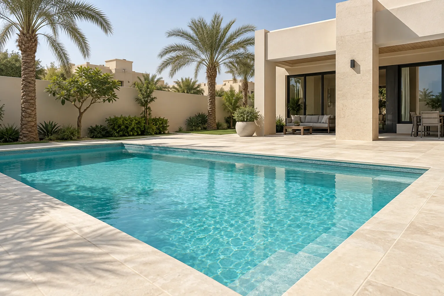 Clean turquoise swimming pool in a private residential courtyard